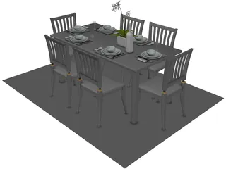 Table Set Dinner with Flower 3D Model